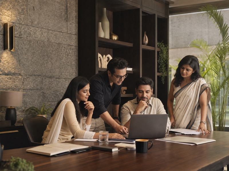 The Usha Palace team collaborating around a table in a warm, modern office