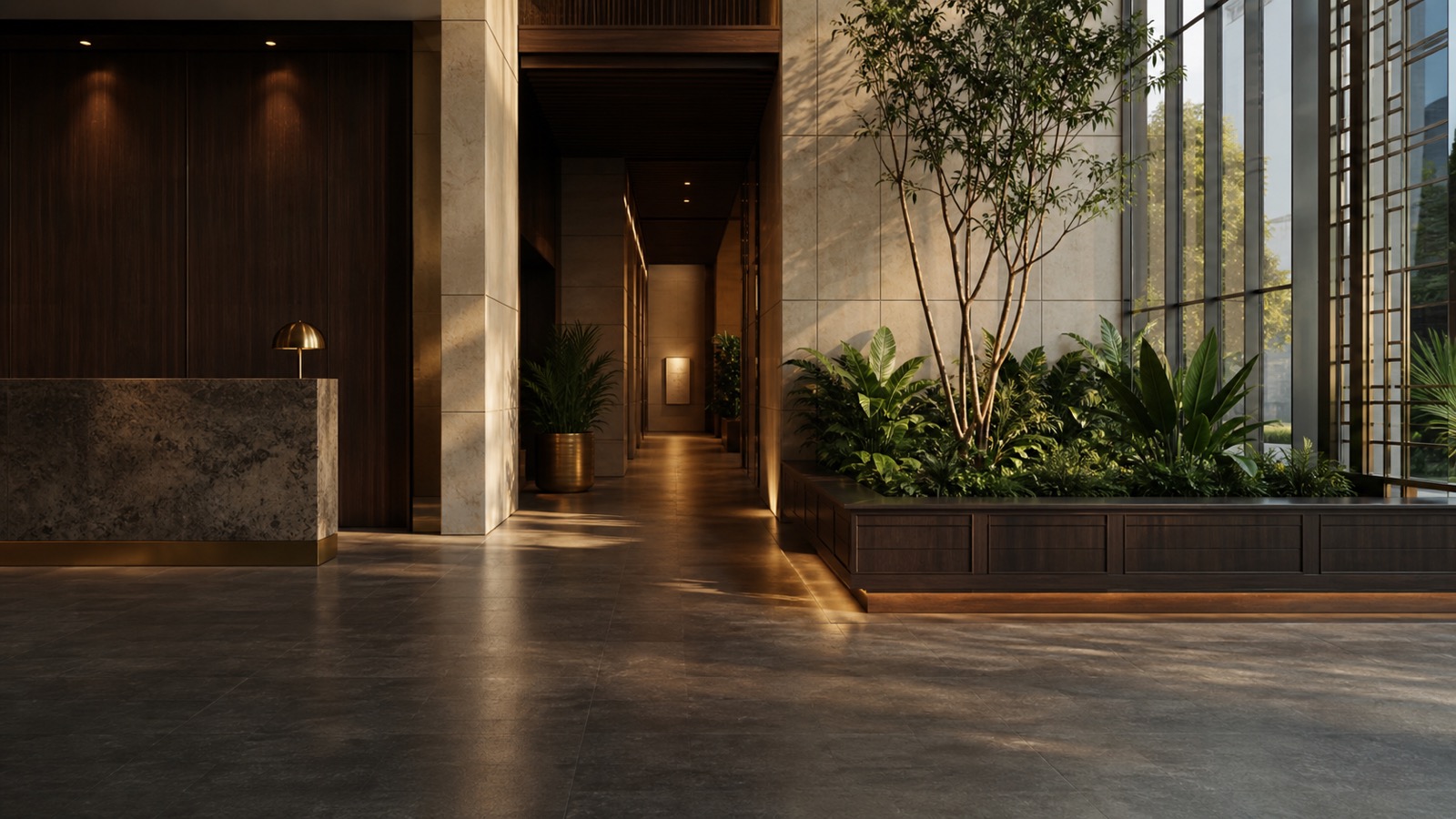 An elegant office lobby with dark wood, warm stone and abundant indoor greenery
