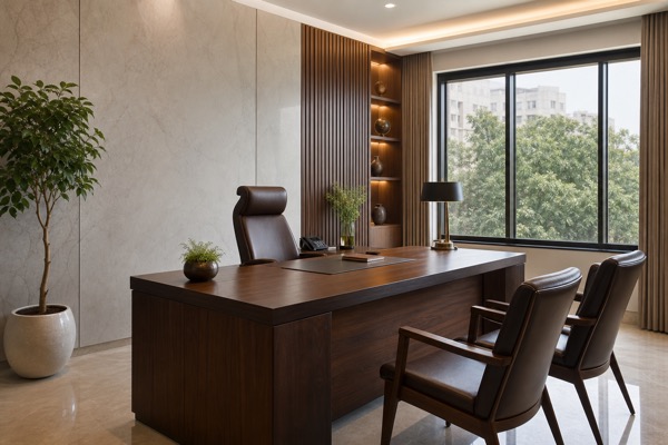 A private office with a dark wood desk, warm stone walls and leafy trees outside