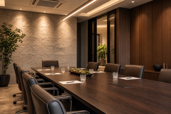 A warm, modern boardroom with a long wood table and leather chairs