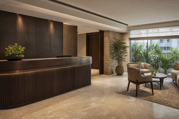 An elegant office reception and lounge with dark wood and indoor greenery